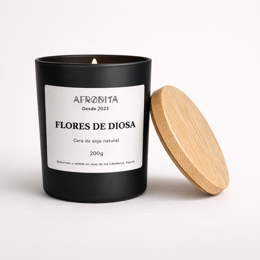 Vela aromática de Flores de Diosa en vaso negro mate (200 g)