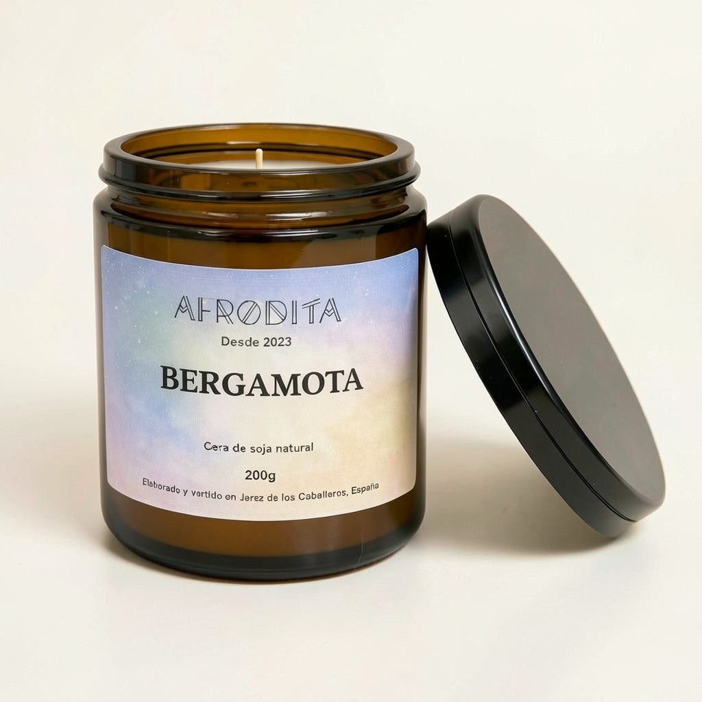 Vela aromática de Bergamota en tarro de cristal ámbar (200 g)
