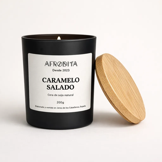 Vela aromática de Caramelo Salado en vaso negro mate (200 g)