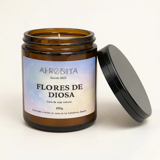 Vela aromática de Flores de Diosa en tarro de cristal ámbar (200 g)