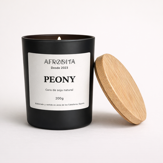 Vela aromática de Peony en vaso negro mate (200 g)